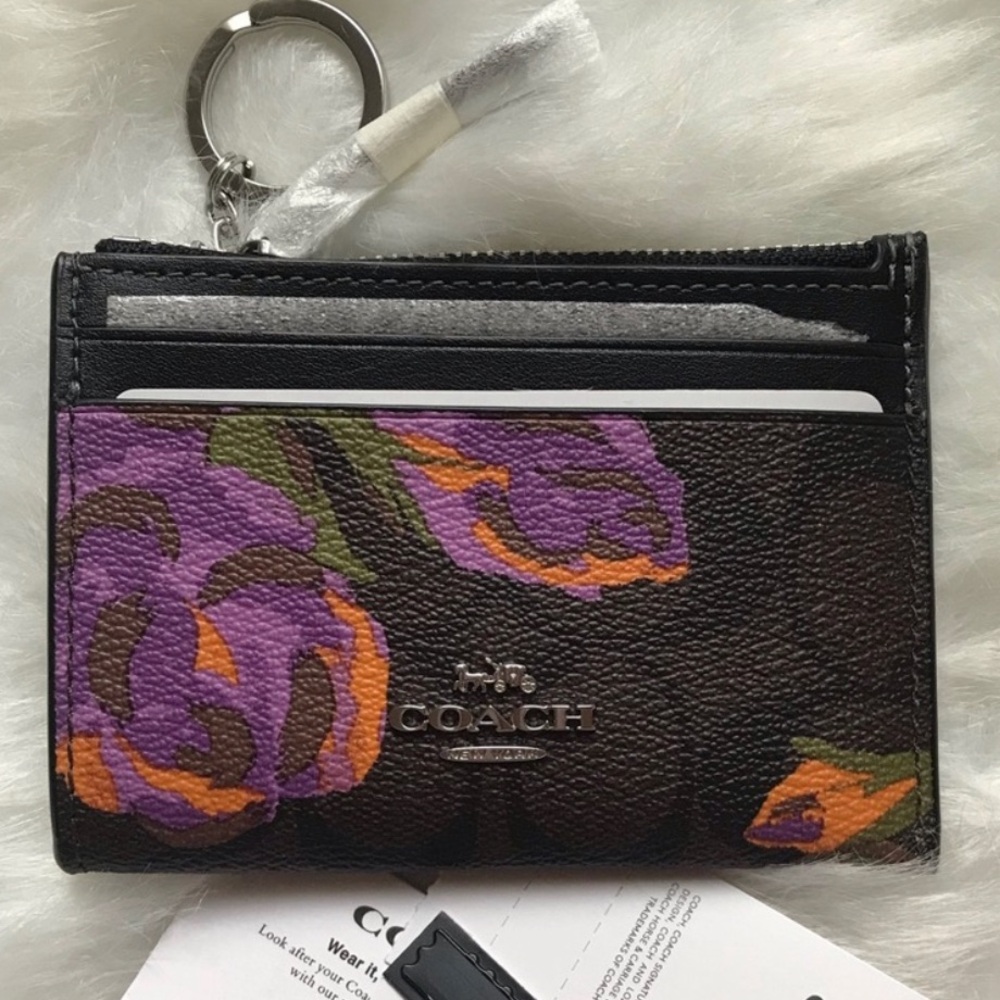 Coach Black Card Holder Key Ring with Purple & Orange Floral Print